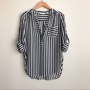 Nicolette Stripes Round Hem Black White Blouse